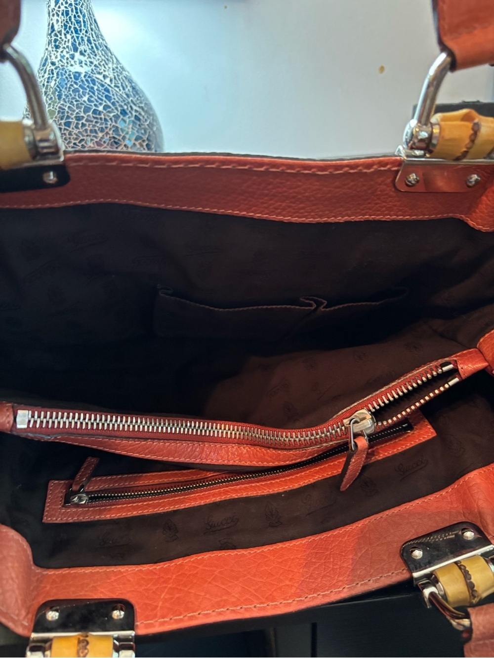 Auth Gucci Vintage Libeccio Medium Bamboo Bar Tote -Orange/Rust Pebbled Leather - Picture 10 of 16